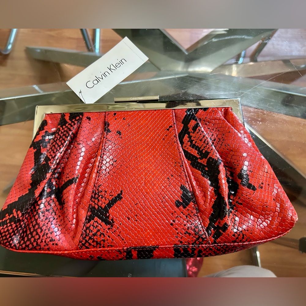 Calvin Klein Red and Black Snakeskin Clutch with Chain NWT $148